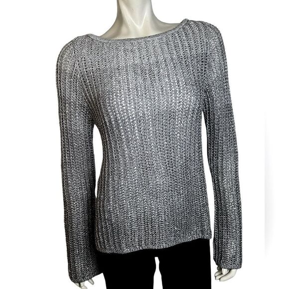 White House Black Market NWOT L/S Ombré Silver Sequined Sweater Size Medium - Picture 1 of 5